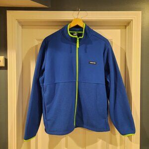 Lands End Jacket Mens XL Blue Neon Grid Fleece 1/4‎ Pullover Sweater Hiking Ski